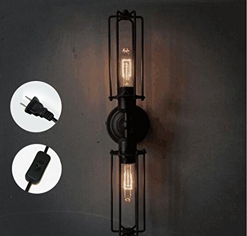 Kiven American industrial style double head mini Long shade cage metal wall sconce with plug in 1.8m black switch line , bulb not included(BD0233)