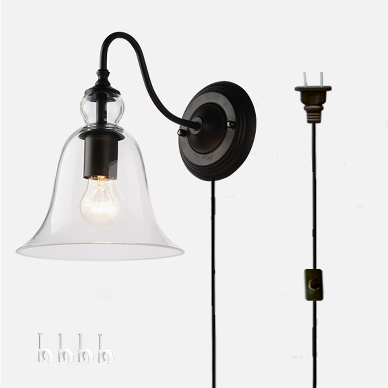 Kiven wall lamp 1-Light Plug-In bulb included Wall Sconce glass Shade 6 Foot Black Cord(BD0227)