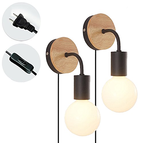 Kiven Simple Sconces E26 UL Certification Plug-In 2-Pack Wooden Base Metal   Lamp Retro Style Indoor Wall Lamp Bulb Wall Light Bulb Lamp Tube Does Not   Include (black-2 Pack)