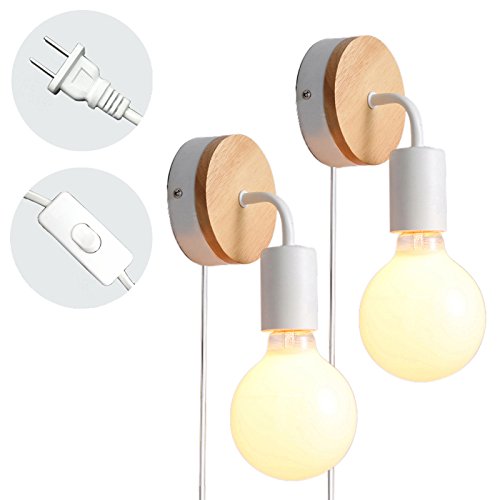 Kiven 2-Pack Sconces Minimalist E26 UL Certification Plug-In Wooden Base Wall Lights Vintage Loft Style Metal Lamp Indoor Wall Lamp Exclude Button Cord Lighting Bulbs Not Included (White)