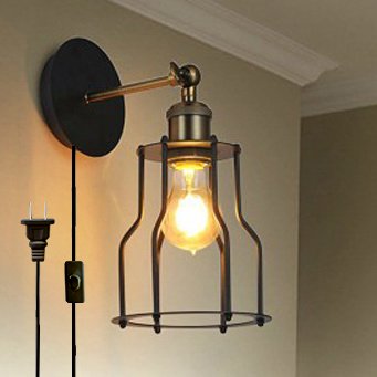 Kiven Retro Industrial Edison Antique Style Wall Lamp E26 UL Certification Plug-In Button Switch Cord Fixture Lights Wall Iron Cage Sconce Bulb Included