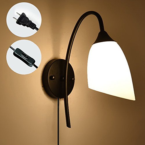 STG Lighting Black Base Sconces Bending Arm Wall Lamp Simple Style Button Bedside Lighted UL Plug-In Cord Bulbs Not Included