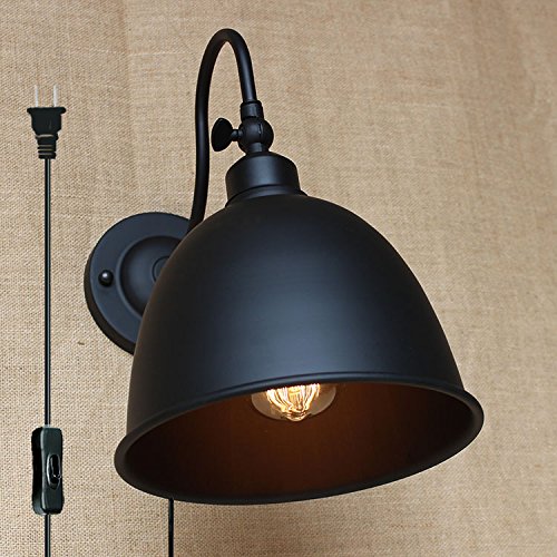 Kiven Classic Curved Arm Wall Lighting Black Restaurant Creative Bowl-Shaped Lamp Industrial Retro Wall Lighted On/Off Plug-In Switch Cord Bulbs Included