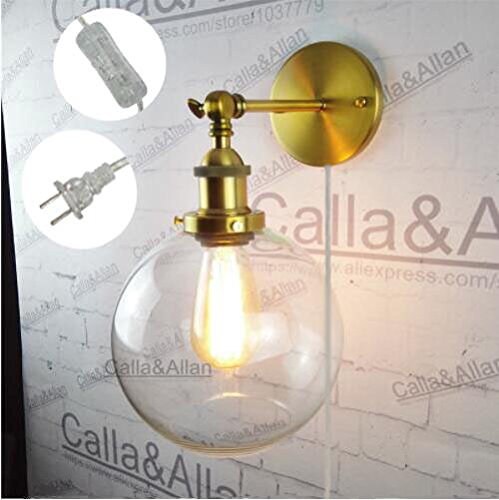 Round Ball Clear Glass Shade Wall Sconce E26 Edison Plug-In Antique Brass Style Wall Lamp