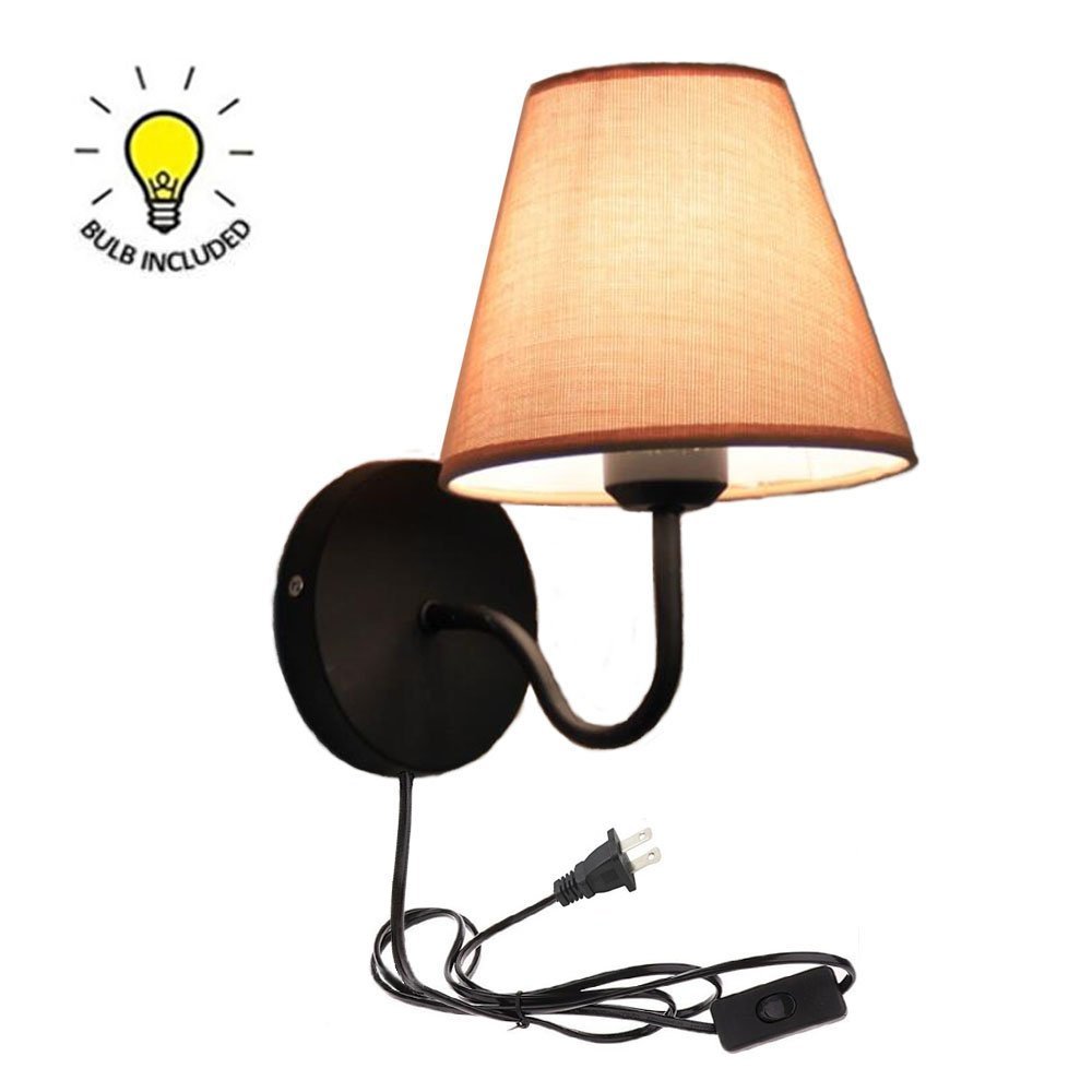 Kiven Simple Warm Fabric Bedroom Living Room stair Wall Lamp One Cable, Mains plug and on/off switch ,Bulb Included,Color:Black