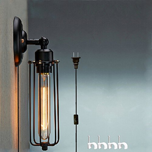 KIVEN wall lamp 1-Light Plug-In UL LISTED bulb not included Wall Sconce Black Metal Industrial Mini Wire Cage Wall Sconce Shade 6 Foot Black Cord bulb not included hc0026