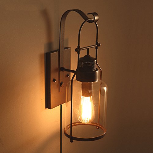 KIVEN Loft And Vintage Style Lamp Shade Retro Wall Lamp Iron Round Shade Light Fixtures For Restaurant Bedroom Bar Industrial Wall Lighting With UL Button Switch Cord Bulb Not Included BD0669