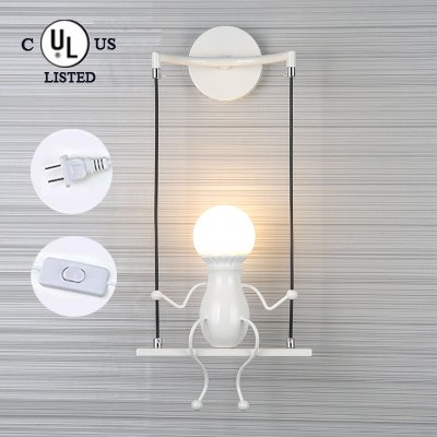 Kiven Simple Fashion Doll Swing Children Wall Lamp Living Room Bedroom Creative Bedside Wall Light (With metal plug 1.8 white switch wire) Color:White