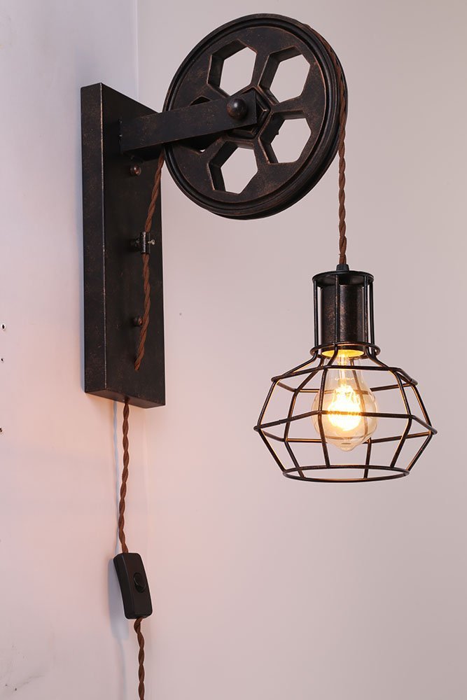 Kiven Plug-In Plley Industrial Cage Wall Sconce Vintage Wall Light Fixture Industrial Retro Rustic Loft Antique Wall Lamp Edison Vintage Wall Sconce(Including One Edison Bulb)