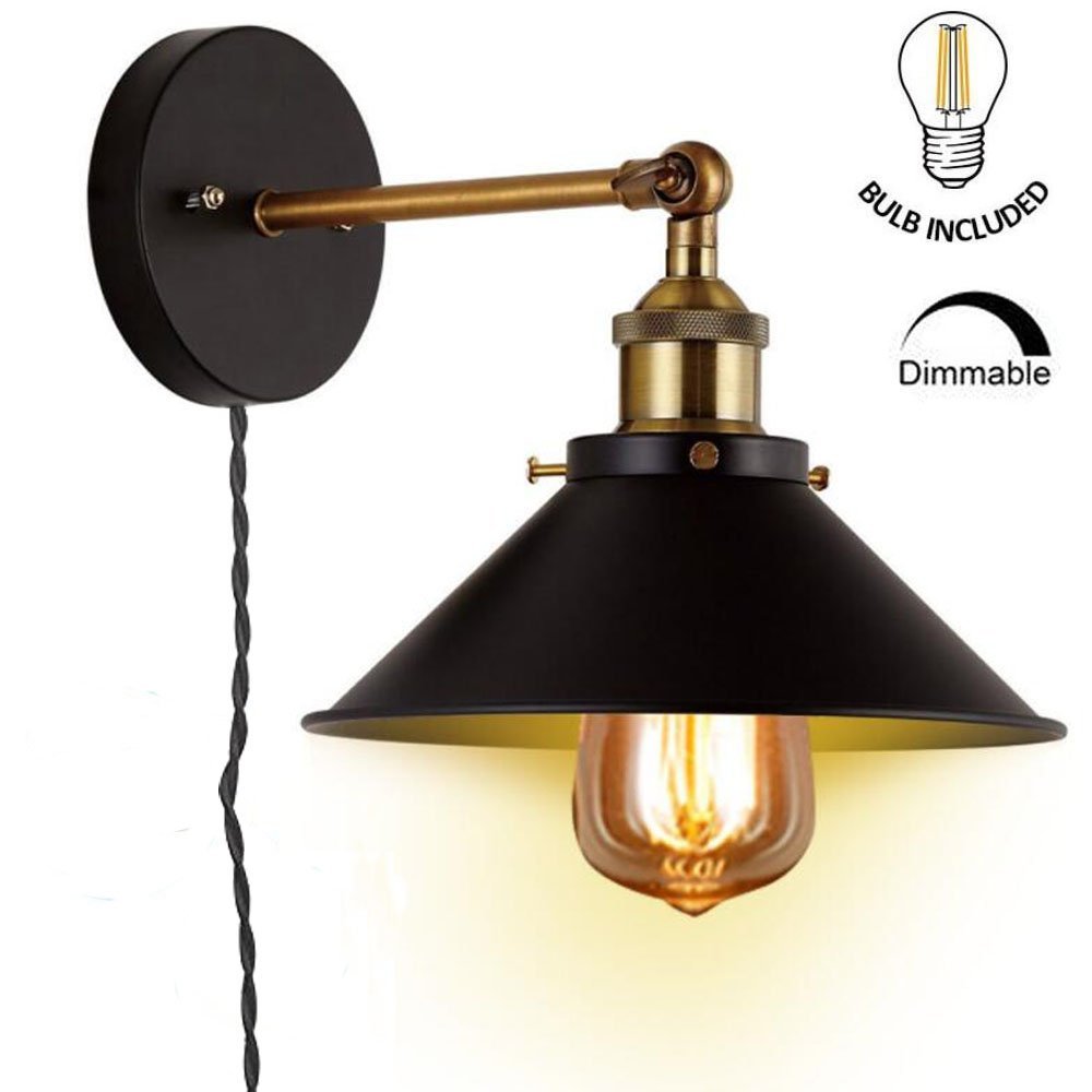 Kiven Dimmable Wall Sconces Light E26 Base Black Wall Industrial Vintage Edison Simplicity Lamp Fixture Steel Finished for Cafe Club ,6-Foot Twisted Black Cloth Cord