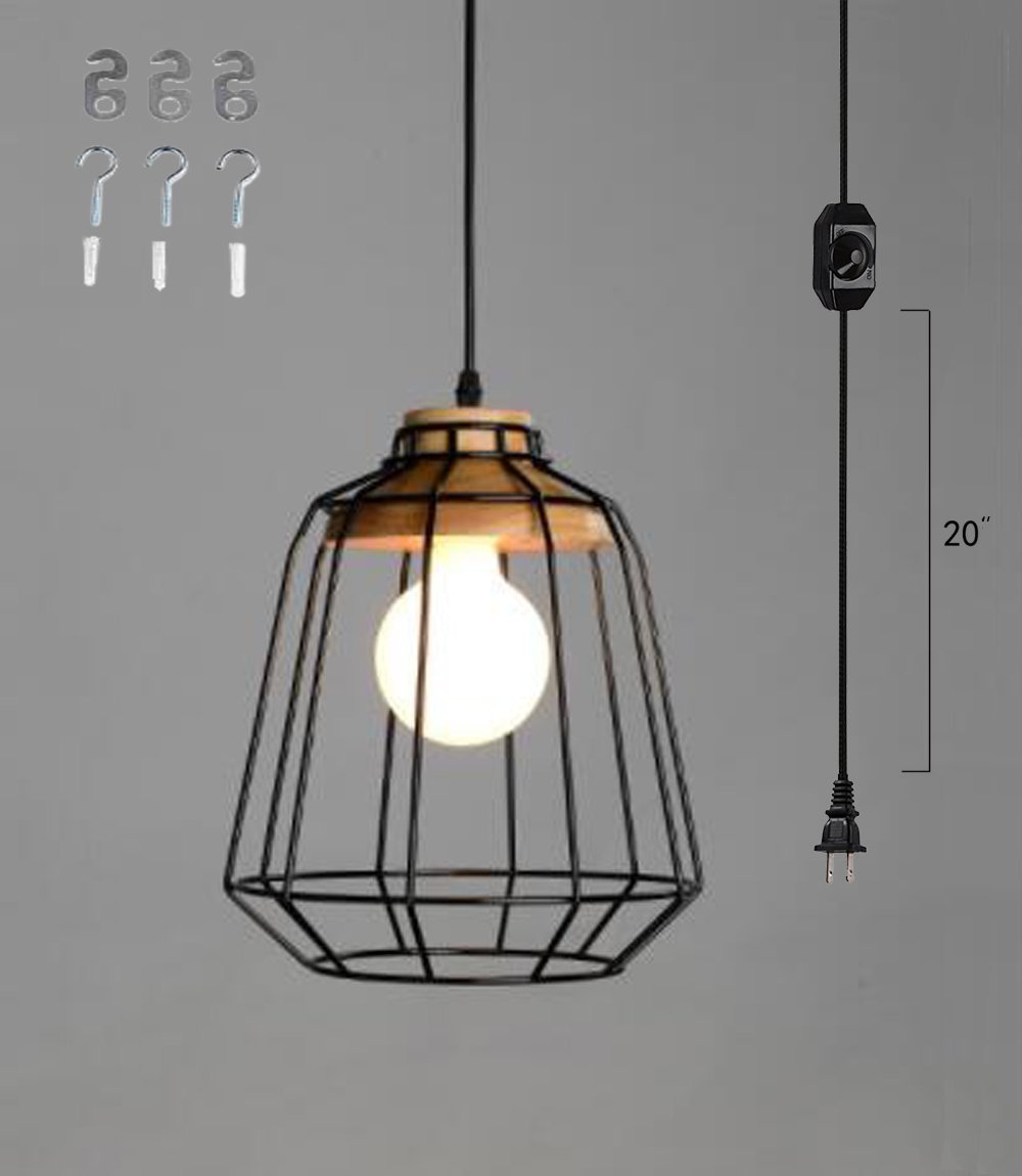 Kiven Plug-In Antique Bedroom cafe, Tea House Restaurant Pendant Lamp Retro Metal Cages Combine Wood Lighting 15 ft UL Certification Black Cord With On/Off Dimmer Switch ,Bulb Not Included (TB0252)