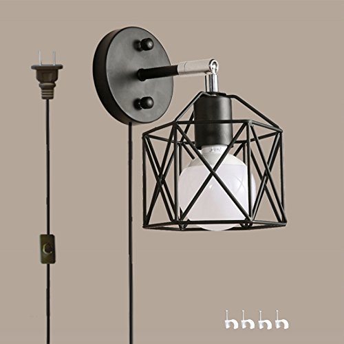 Kiven wall lamp 1-Light Plug-In bulb not included Wall Sconce Black Metal Industrial Mini Wire Cage Wall Sconce Shade 6 Foot Black Cord(BD0230)