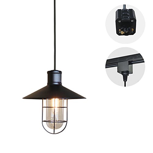 Kiven 1-Light H-Type Track Light Pendants 4.9 Feet Cord Industrial Metal Cage Glass Shade Pendant Light Edison Lamp Vintage Loft Style Lighting Bulb Not Included