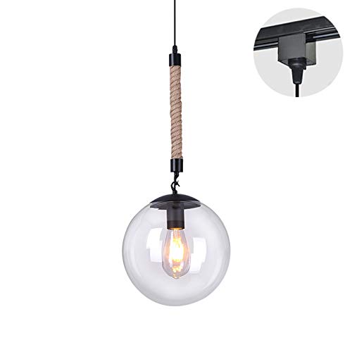Kiven 1-Light H-Type Track Lamp Hemp Rope Cord 5.9" Crystal Glass Lamp Shade Pendant Light Hanging Ceiling Light Decorative for Restaurant Kitchen Cabinet