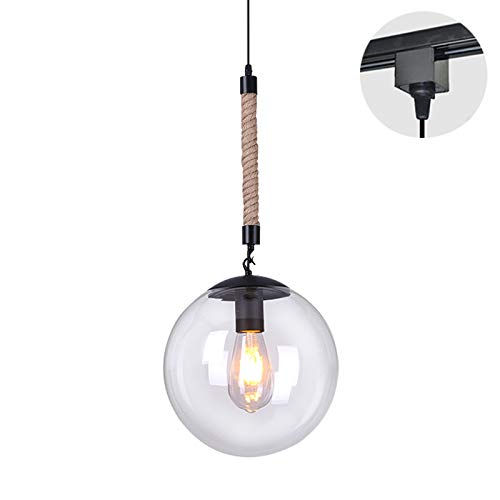 Kiven 1-Light H-Type Track Lamp Hemp Rope Cord 7.9" Crystal Glass Lamp Shade Pendant Light Hanging Ceiling Light Decorative for Restaurant Kitchen Cabinet