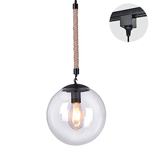 Kiven 1-Light H-Type Track Lamp Hemp Rope Cord 9.8" Crystal Glass Lamp Shade Pendant Light Hanging Ceiling Light Decorative for Restaurant Kitchen Cabinet