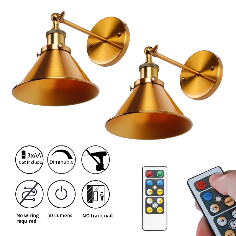 NuNulamp 2-Pack LED Battery Operated Wall Sconces Golden Copper Plating Wireless Wall Sconce Light Fixture for Rental house and Renovation