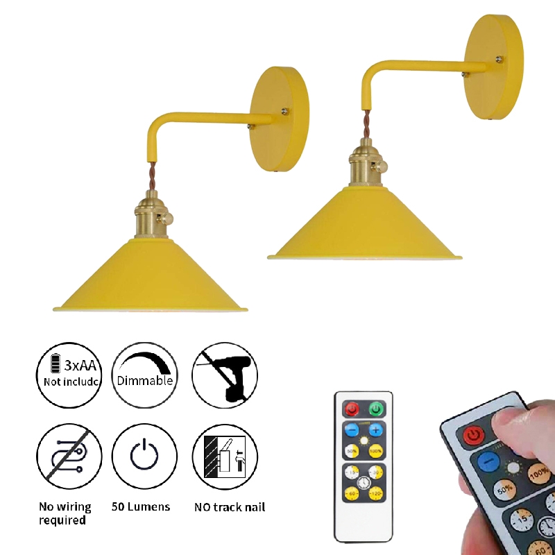 NuNulamp 2-Pack LED Battery Operated Macaron Yellow Wall Sconces Wireless Wall Sconce Light Fixture for Rental house and Renovation