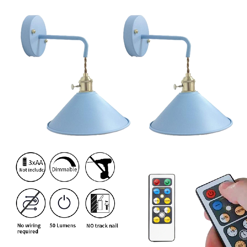 NuNulamp 2-Pack LED Battery Operated Macaron Blue Wall Sconces Wireless Wall Sconce Light Fixture for Rental house and Renovation